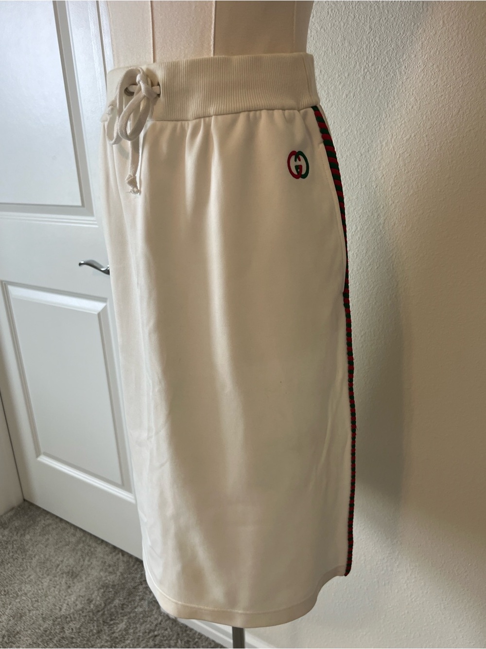 Gucci White Midi Pencil Skirt Web Stripe Logo Drawstring Size Small - Picture 3 of 10